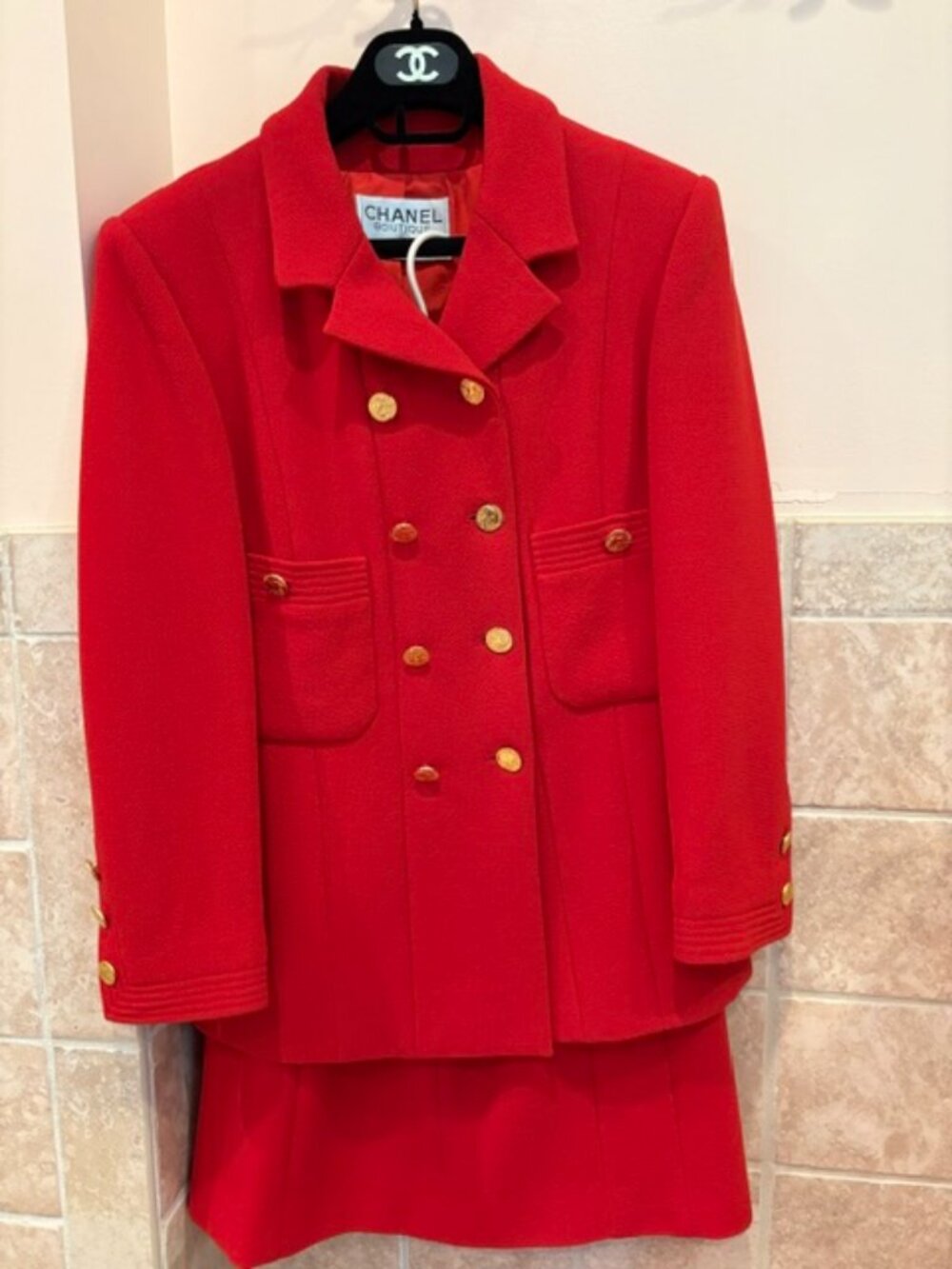 Vintage Chanel skirt suit, Red, Elephant buttons, Karl Lagerfeld Bloomingdale's
